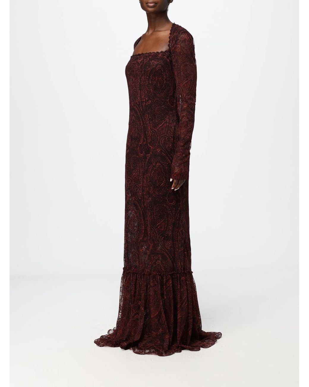 Etro Red Paisley Print Long Evening Gown With Train