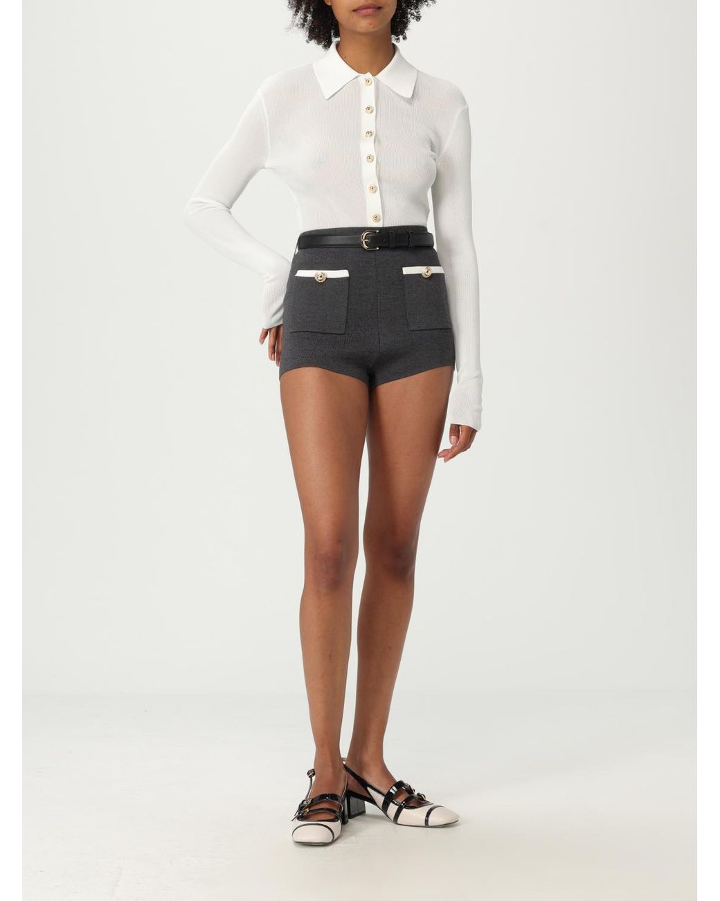 Self-Portrait White Ribbed Knit Collared Button-Up Top With Long Sleeves For Stylish Comfort