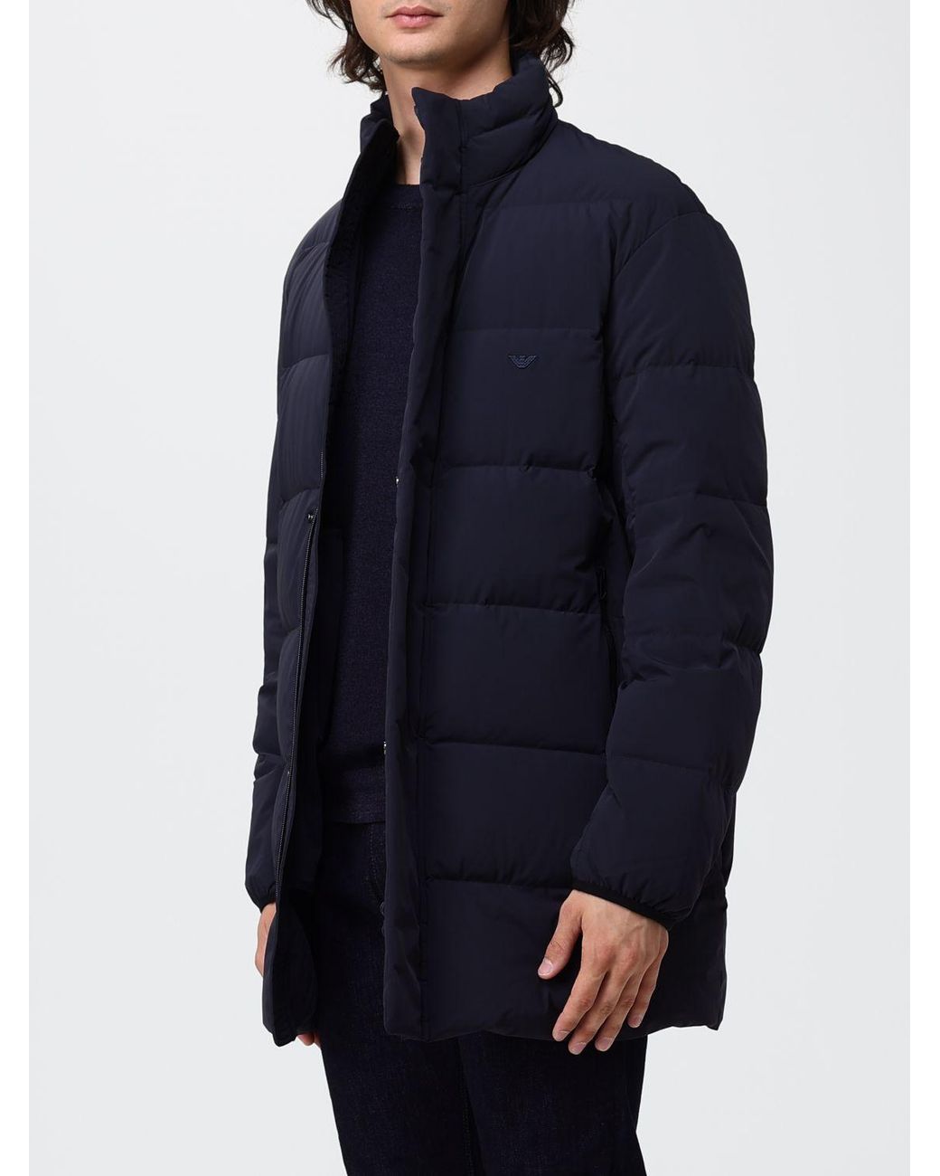 Emporio Armani Blue Knee-Length Water-Repellent Quilted Nylon Down Jacket for men