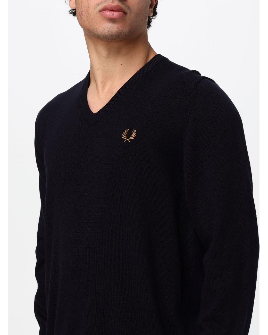 Fred Perry Blue V-Neck Wool And Cotton Blend Jumper With Embroidered Logo for men