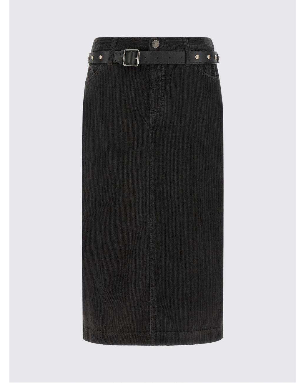 Pinko Black High-Waisted Corduroy Velvet Midi Pencil Skirt With Rear Slit