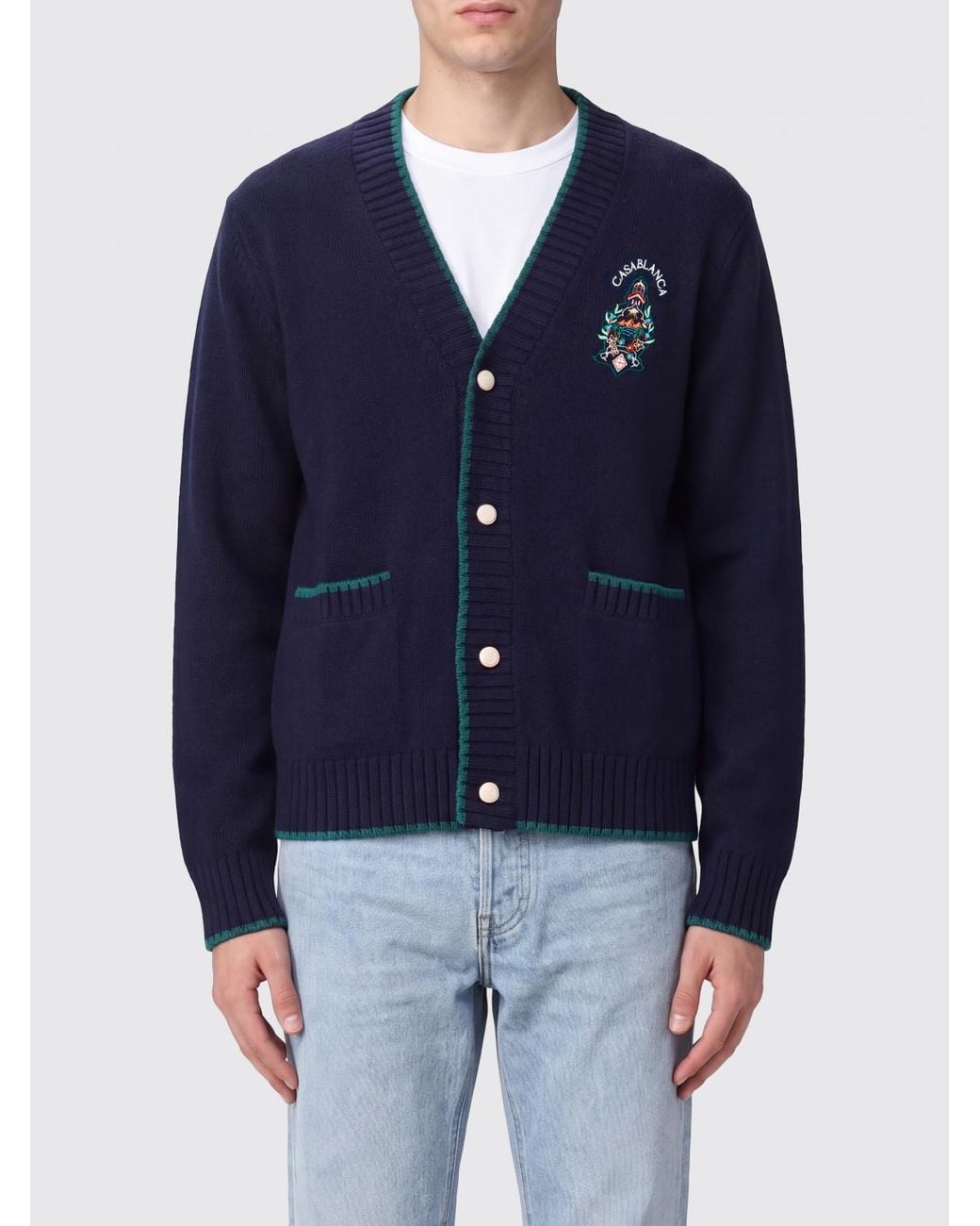 Casablanca Blue Wool And Cashmere Cardigan With Crest And Contrast Trim for men