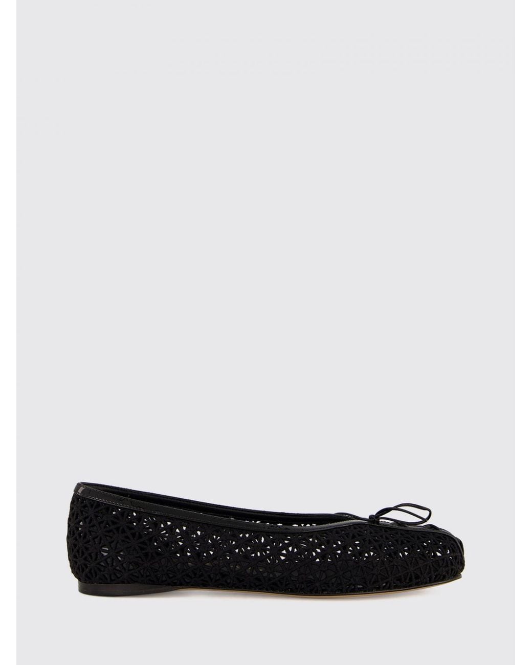 Ferragamo White Macramé Lace Ballet Flats With Patent Leather Round Toe