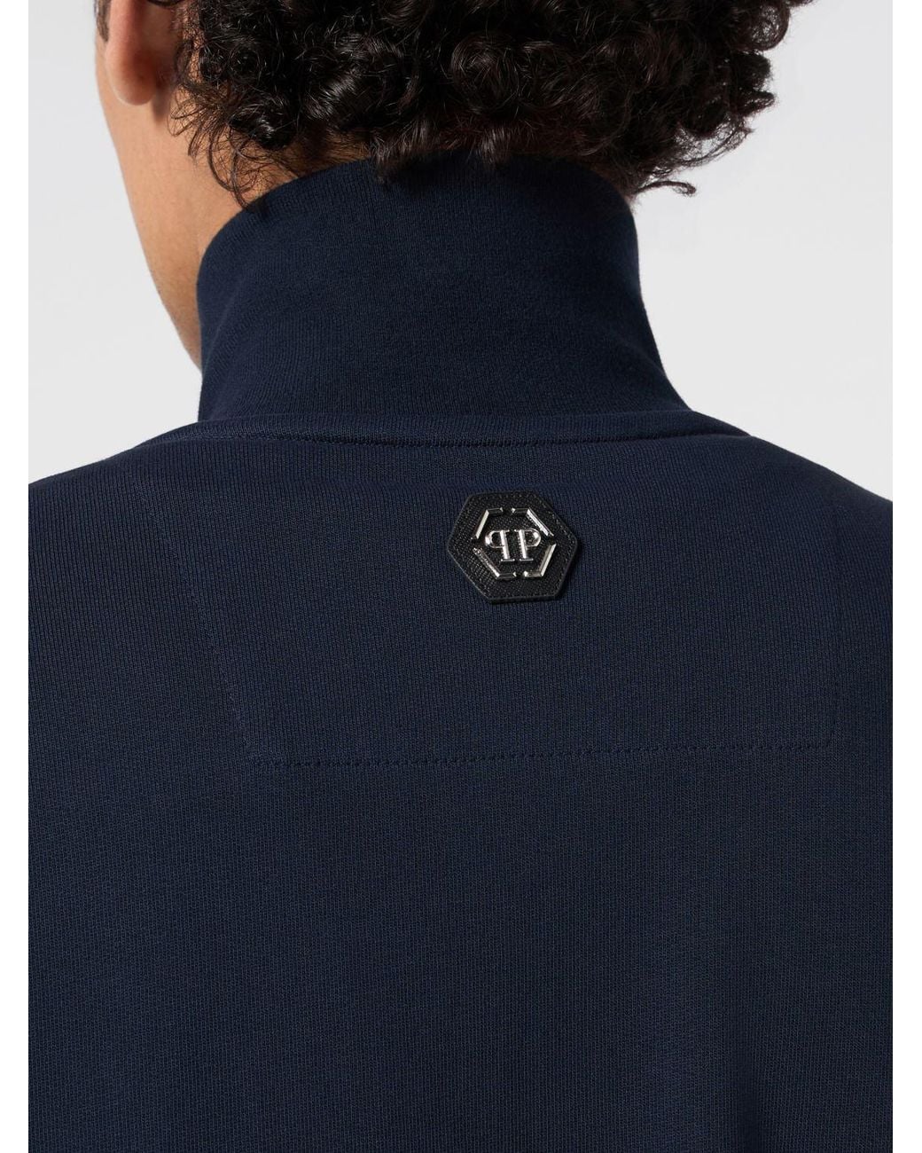 Philipp Plein Blue Contrast Logo Cotton Zip Turtleneck Jumper for men