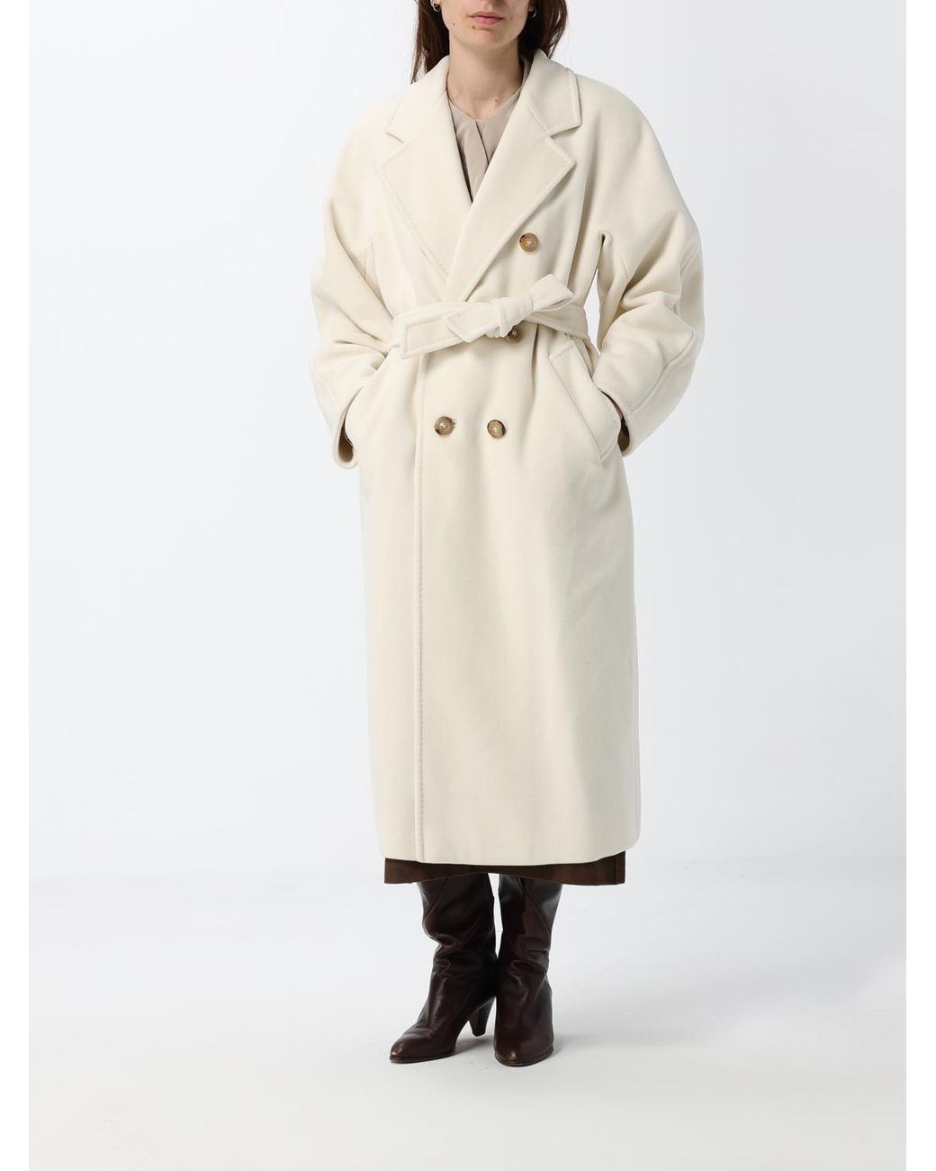 Max Mara White Madame Double-Breasted Long Wool Coat With Belt
