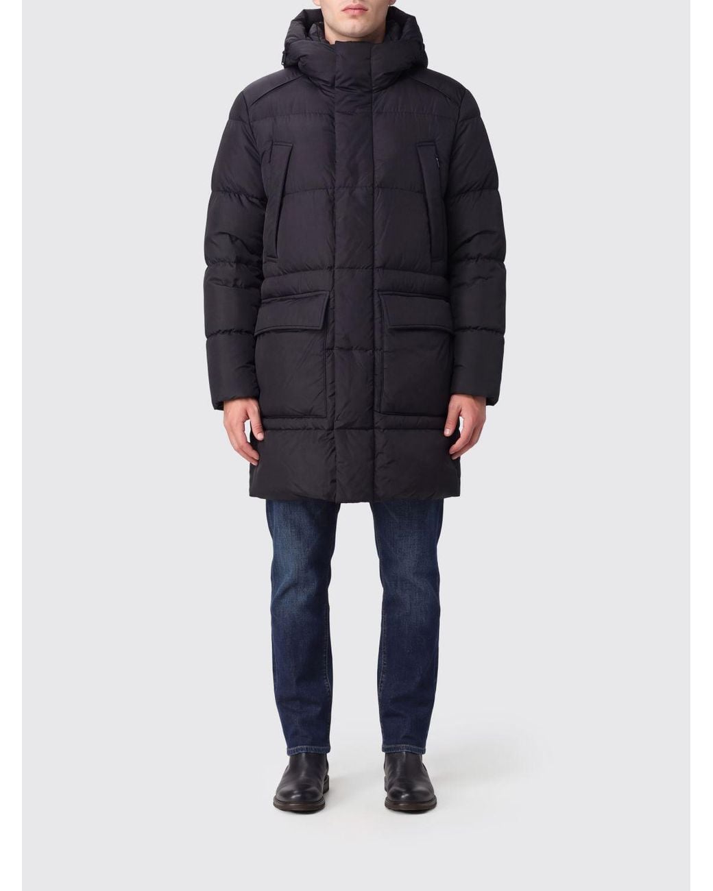 Add Blue Water-Repellent Nylon Long Down Jacket With Ped Hood for men