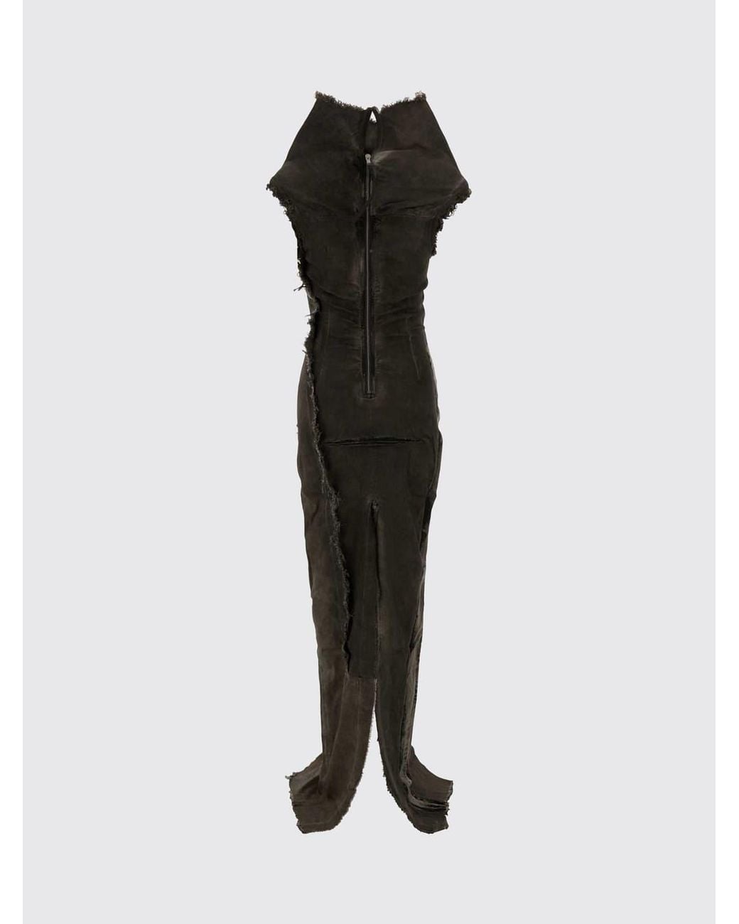 Rick Owens Black Asymmetric Distressed Denim Long Dress With Slit