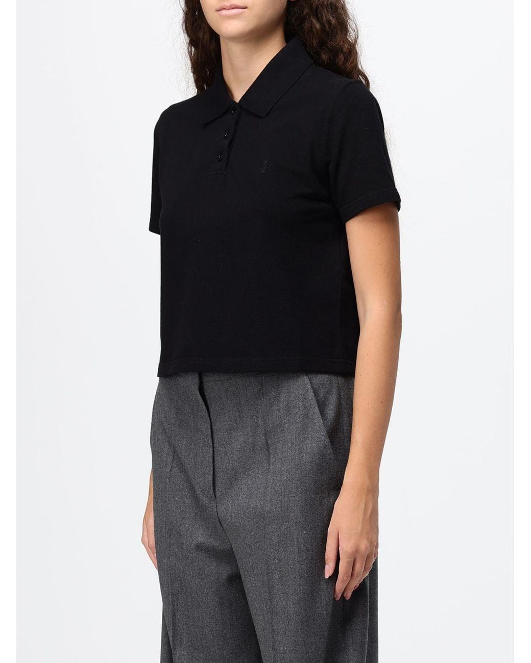 Saint Laurent Black Cotton Polo Shirt With Embroidered Ysl Monogram