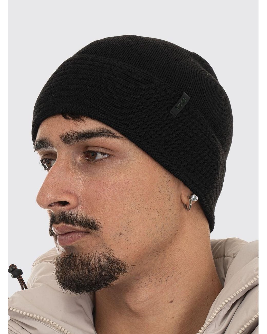 Boss Black Soft Rib-Knit Beanie Hat for men