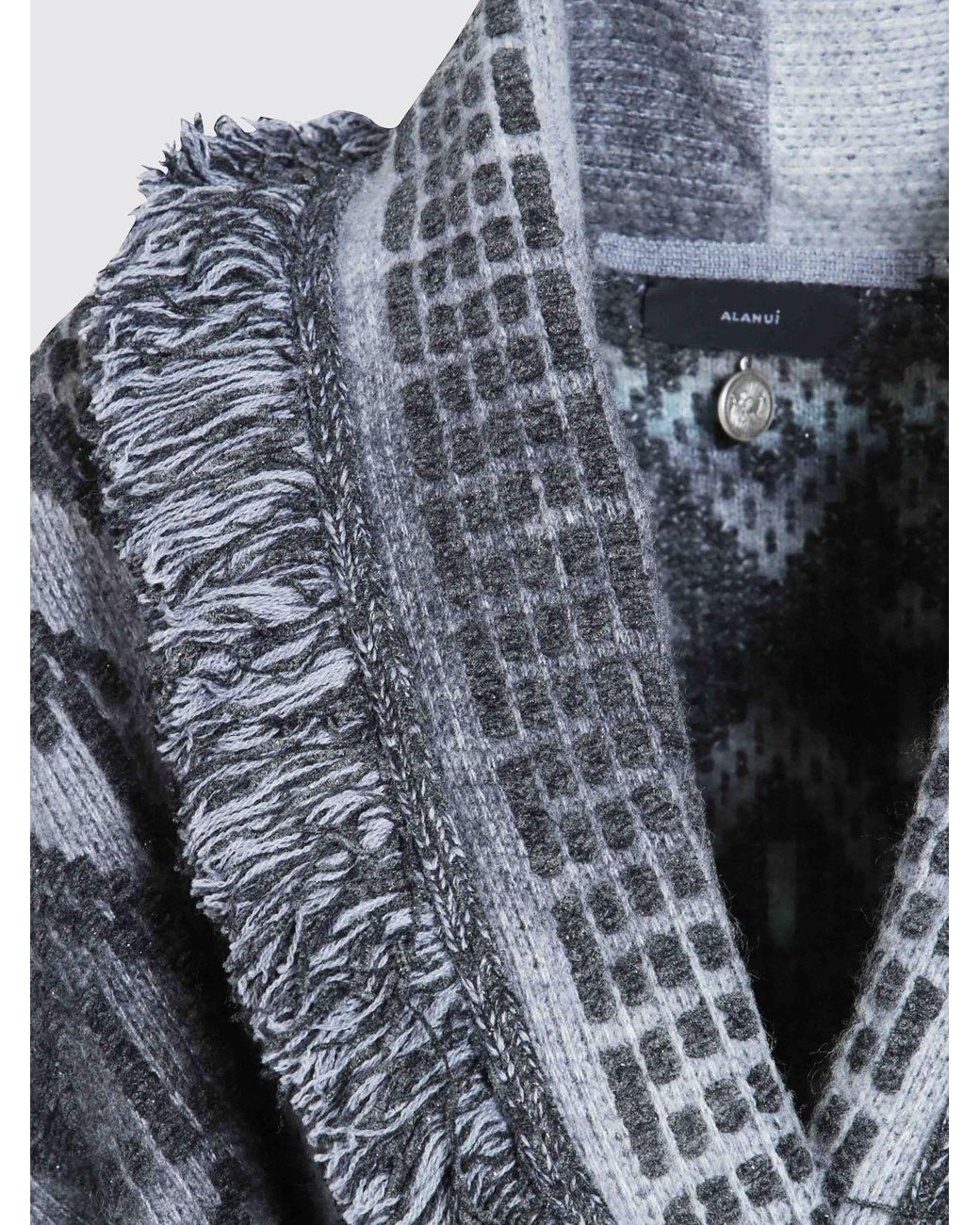Alanui Gray Jacquard Virgin Wool Robe Cardigan With Shawl Collar And Fringes