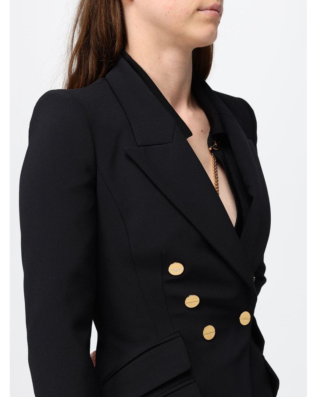 Elisabetta Franchi Black Slim Fit Double-Breasted Blazer With Padded Shoulders