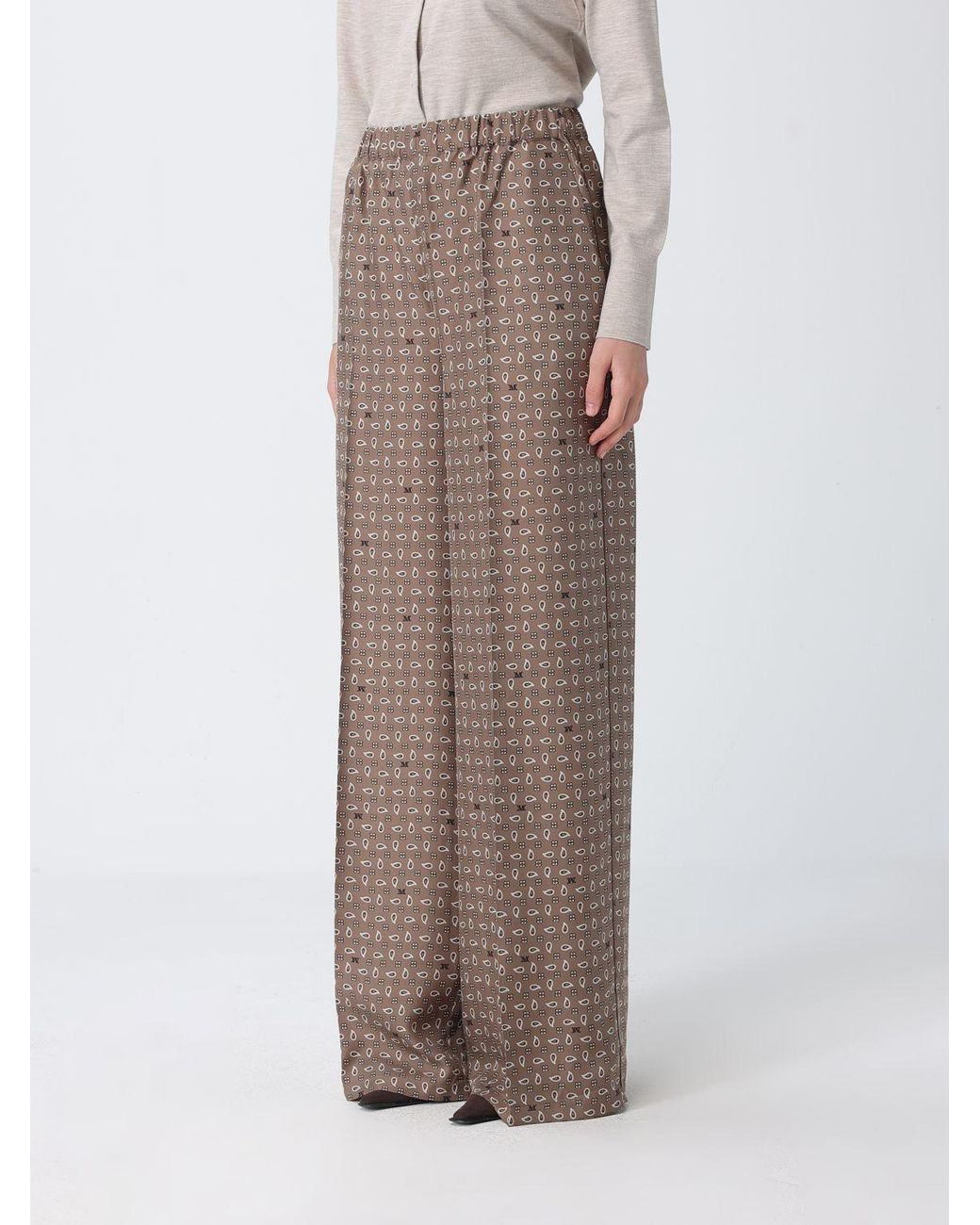 Max Mara Brown Printed Silk Palazzo Trousers