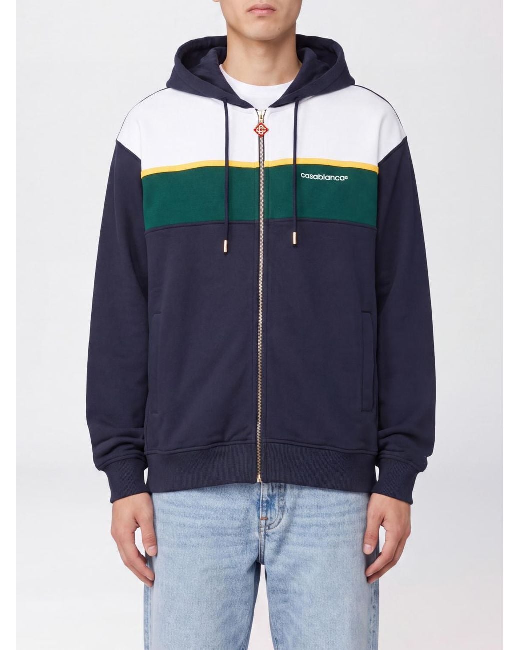 Casablanca Blue Striped Organic Cotton Zip-Up Hoodie With Embroidered Logo for men