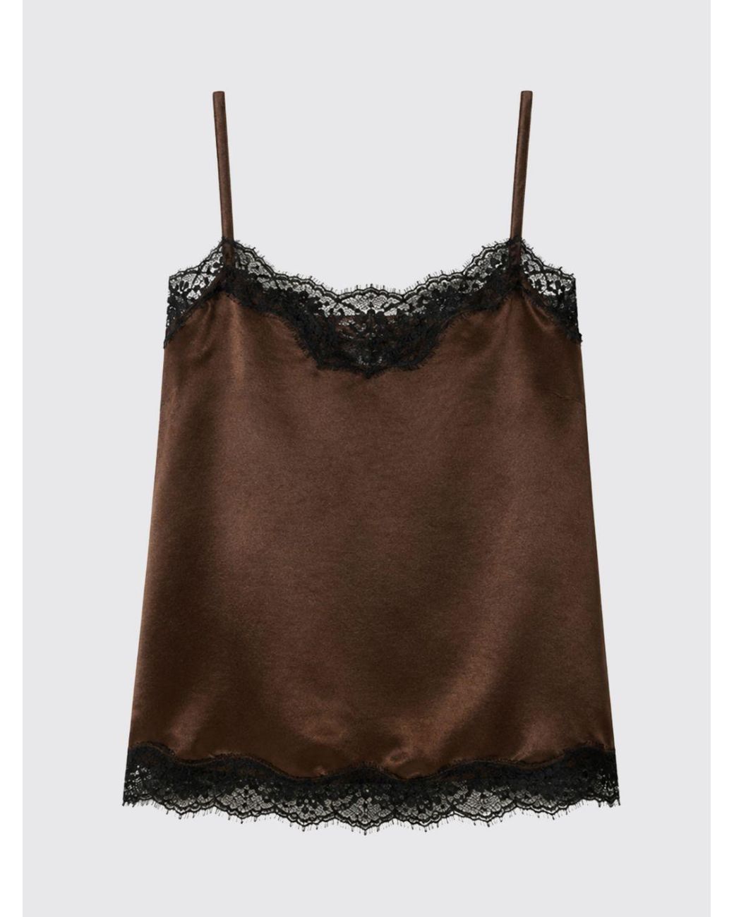 Twinset Brown Slim Fit Satin Evening Top With V-Neck And Lace Inserts