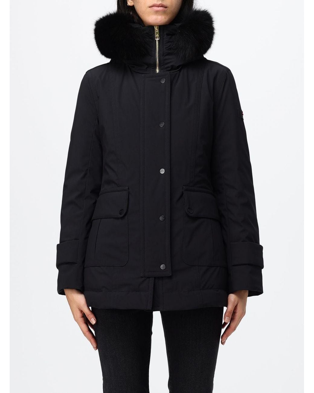 Peuterey Blue Knee-Length Polyester Parka With Shearling Hood And Applied Logo