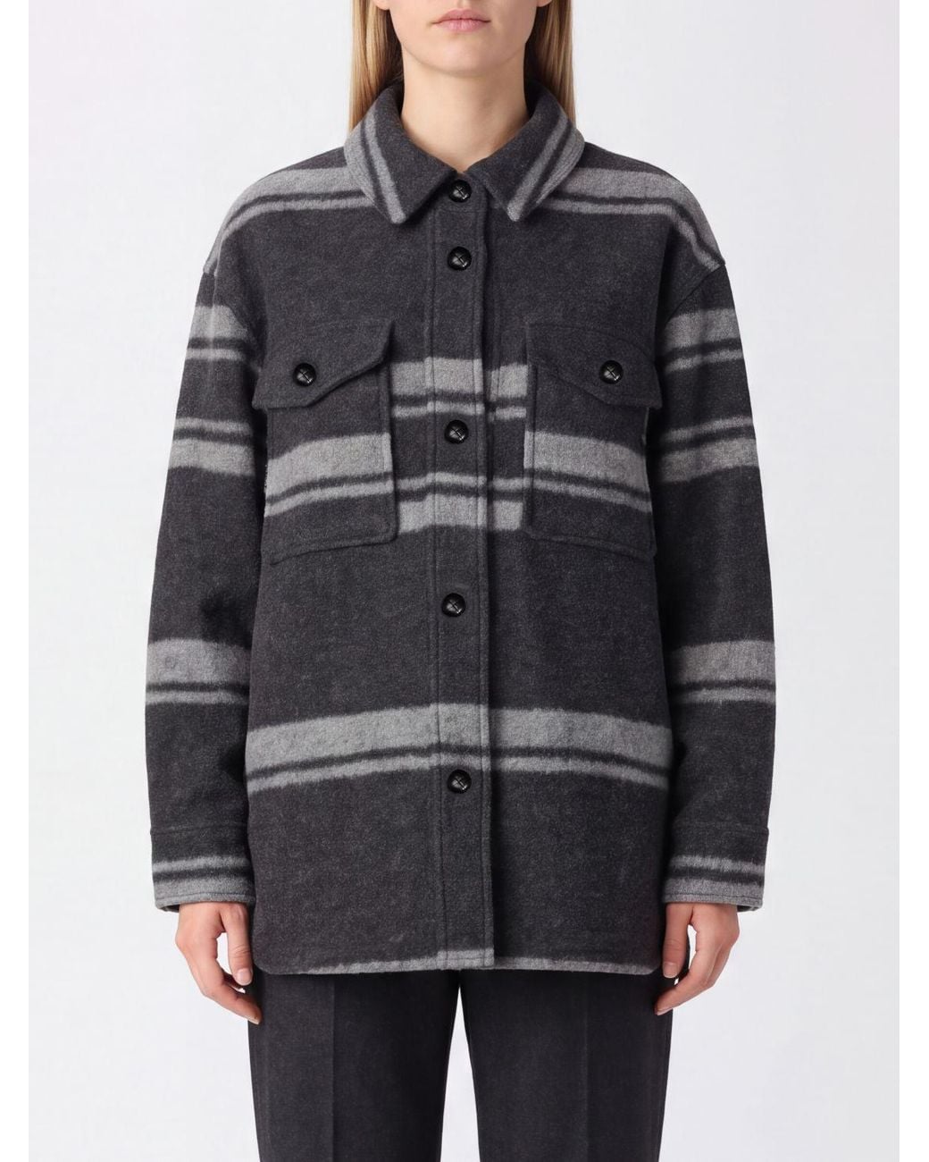 Isabel Marant Gray Striped Wool-Blend Shirt Jacket With A Relaxed Fit
