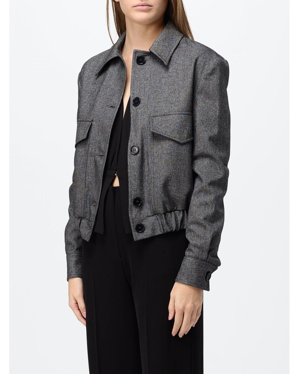 Hanita Gray Rayon Bomber Jacket With Classic Collar