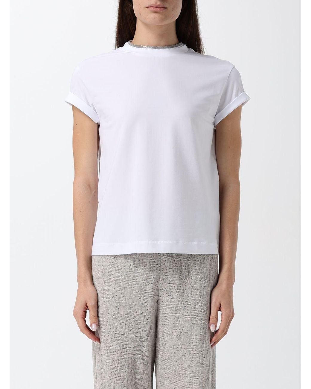 Brunello Cucinelli White Stretch-Cotton Crew-Neck T-Shirt With Monili Embroidery
