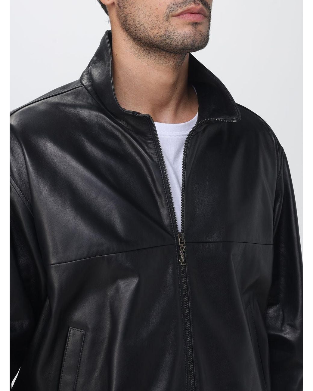 Saint Laurent Gray Lambskin Leather Bomber Jacket With High Collar And Zip Closure for men