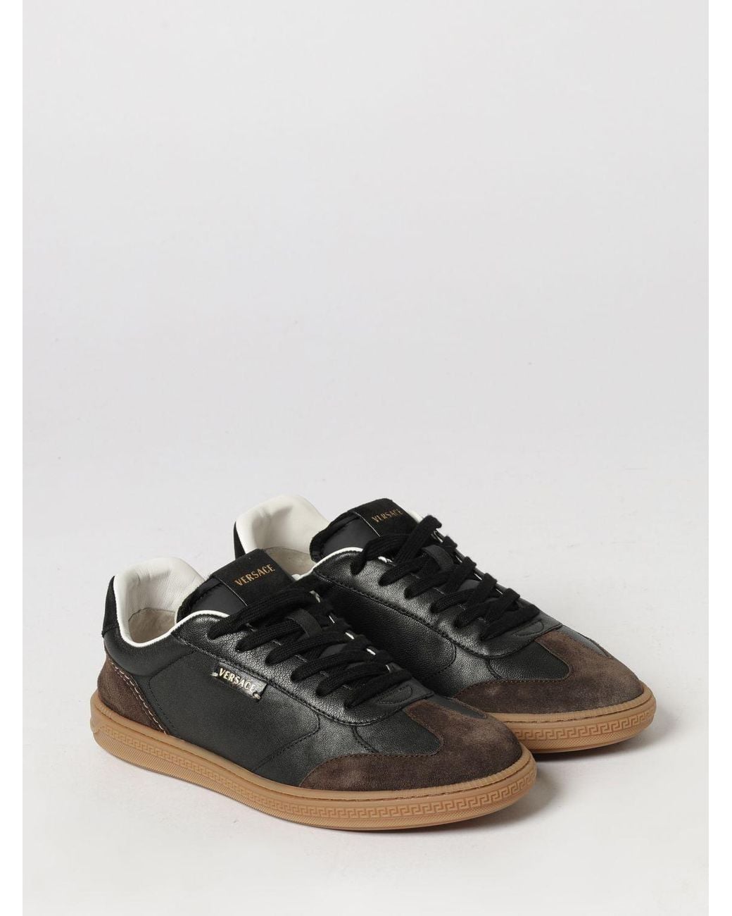 Versace Black Greca Court Bicolour Leather And Suede Low-Top Trainers With Laminated Logo for men