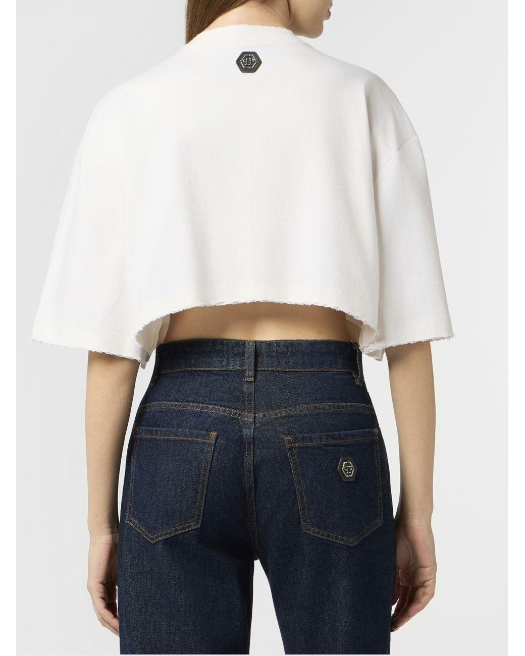 Philipp Plein White Tennis Club Cropped Cotton T-Shirt With Rhinestones And Pearls