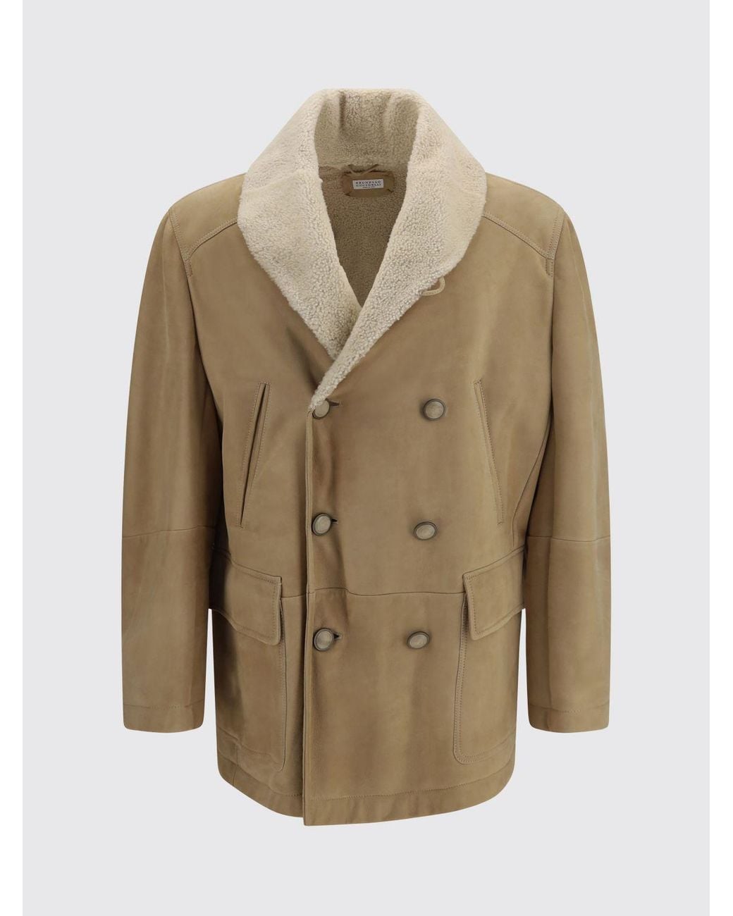 Brunello Cucinelli Natural Double-Breasted Shearling Coat With Shawl Collar for men