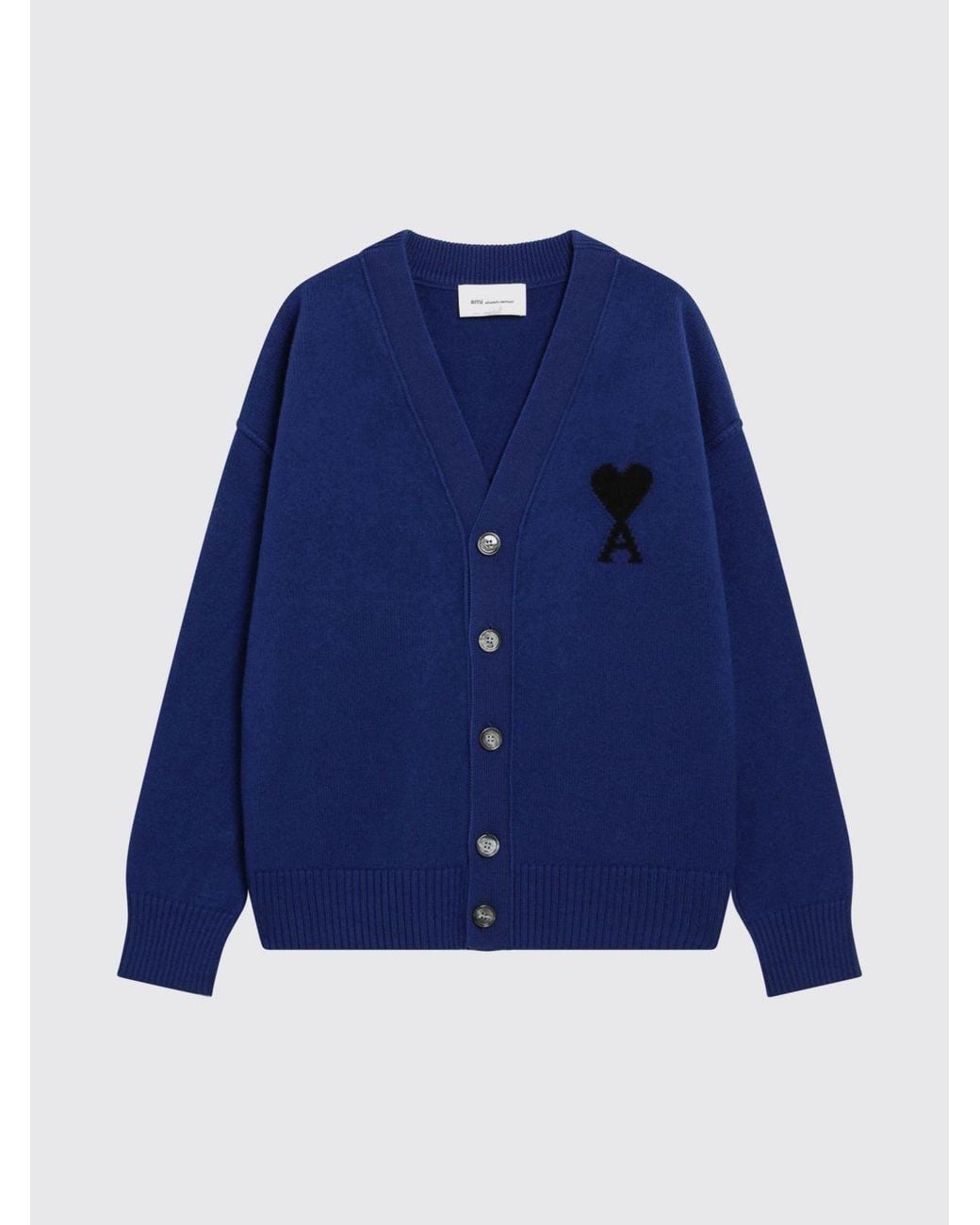 AMI Blue V-Neck Pure Wool Cardigan With Contrast Logo for men