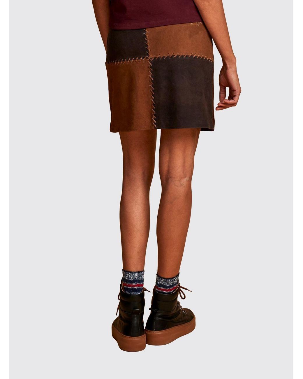 La Martina Brown High-Waisted Check Suede Leather Pencil Midi Skirt