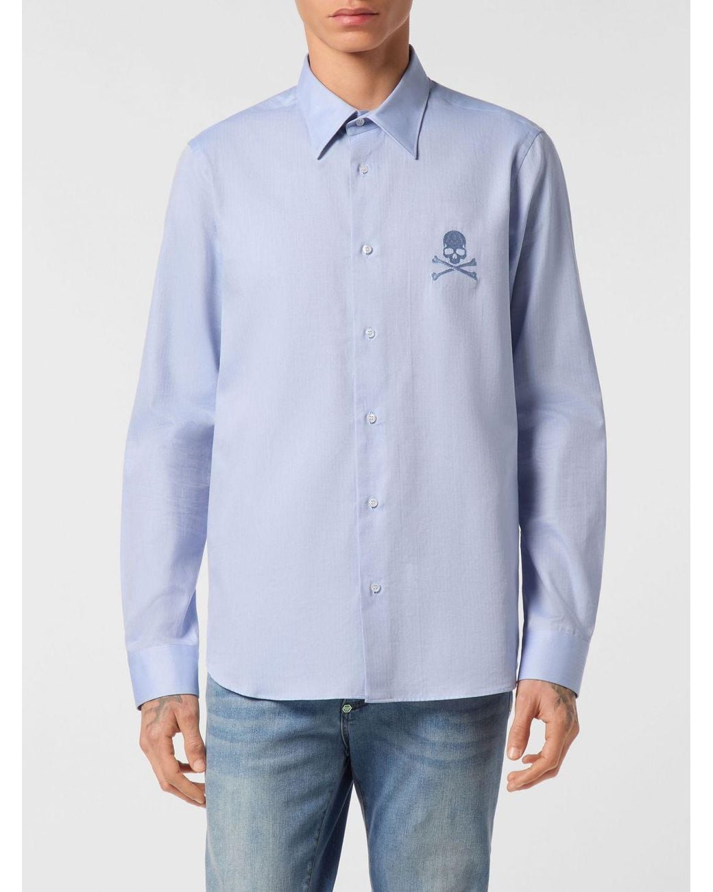 Philipp Plein Blue Long-Sleeved Cotton Shirt With Point Collar And Skull Print for men