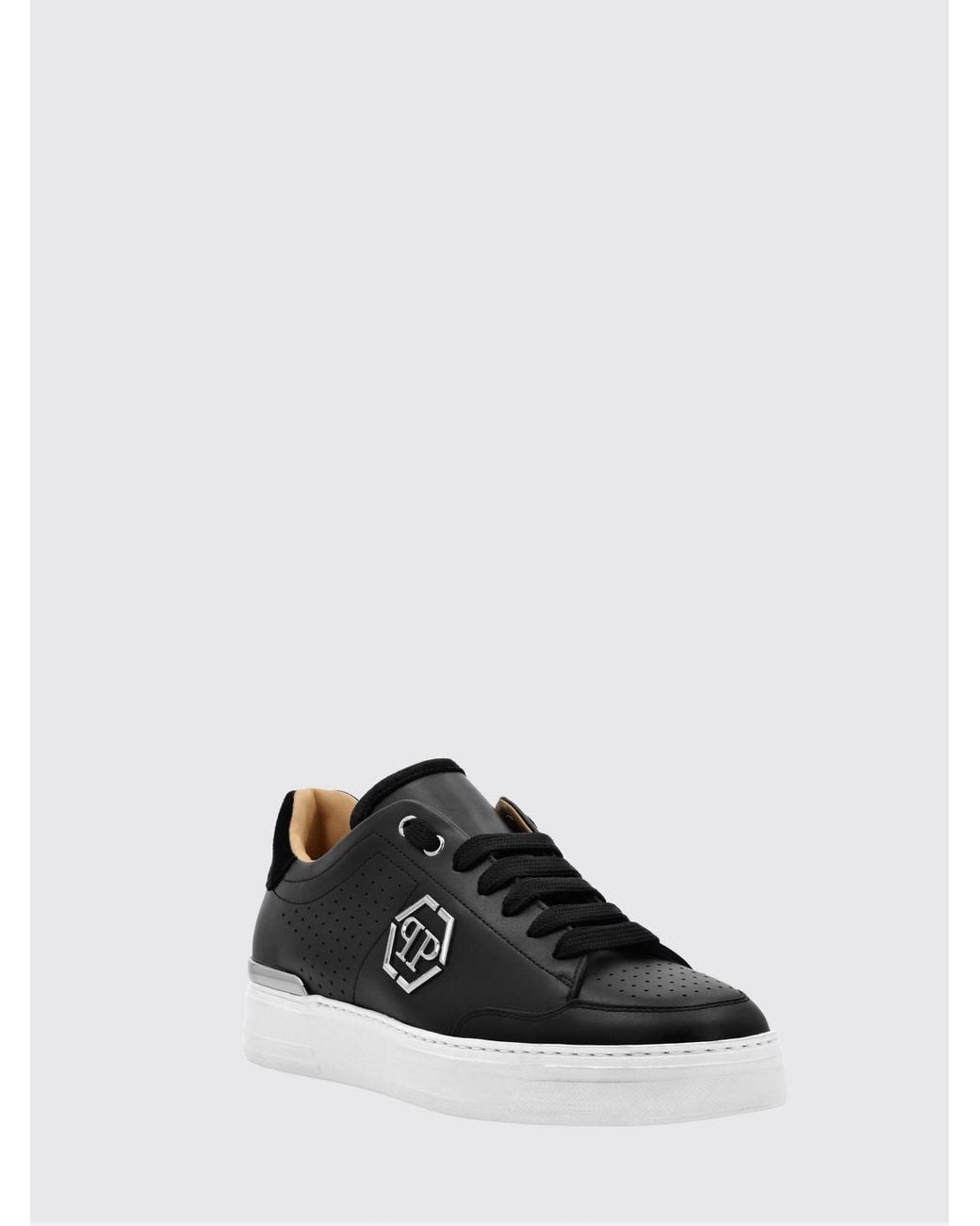 Philipp Plein Black Leather Low-Top Sneakers With Monogram Pattern And Applied Hexagon Logo for men