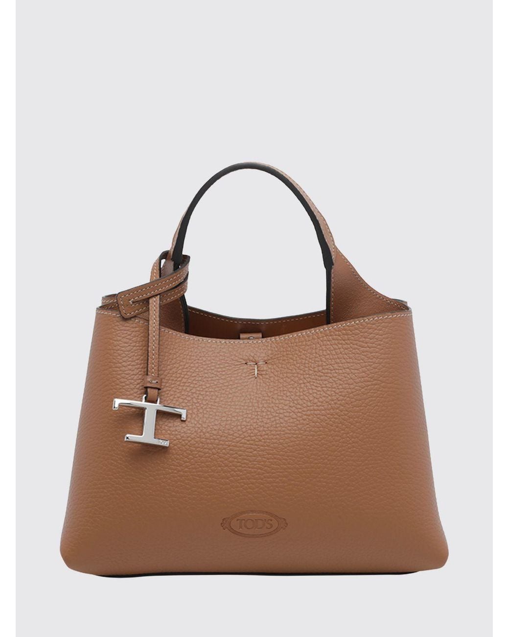 Tod's Brown Grained Leather Handbag With Removable Strap And Charm