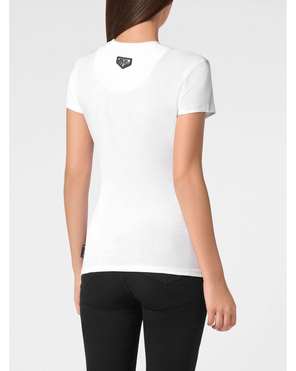 Philipp Plein White Jersey T-Shirt With Slogan Print And Rhinestone Embellishments