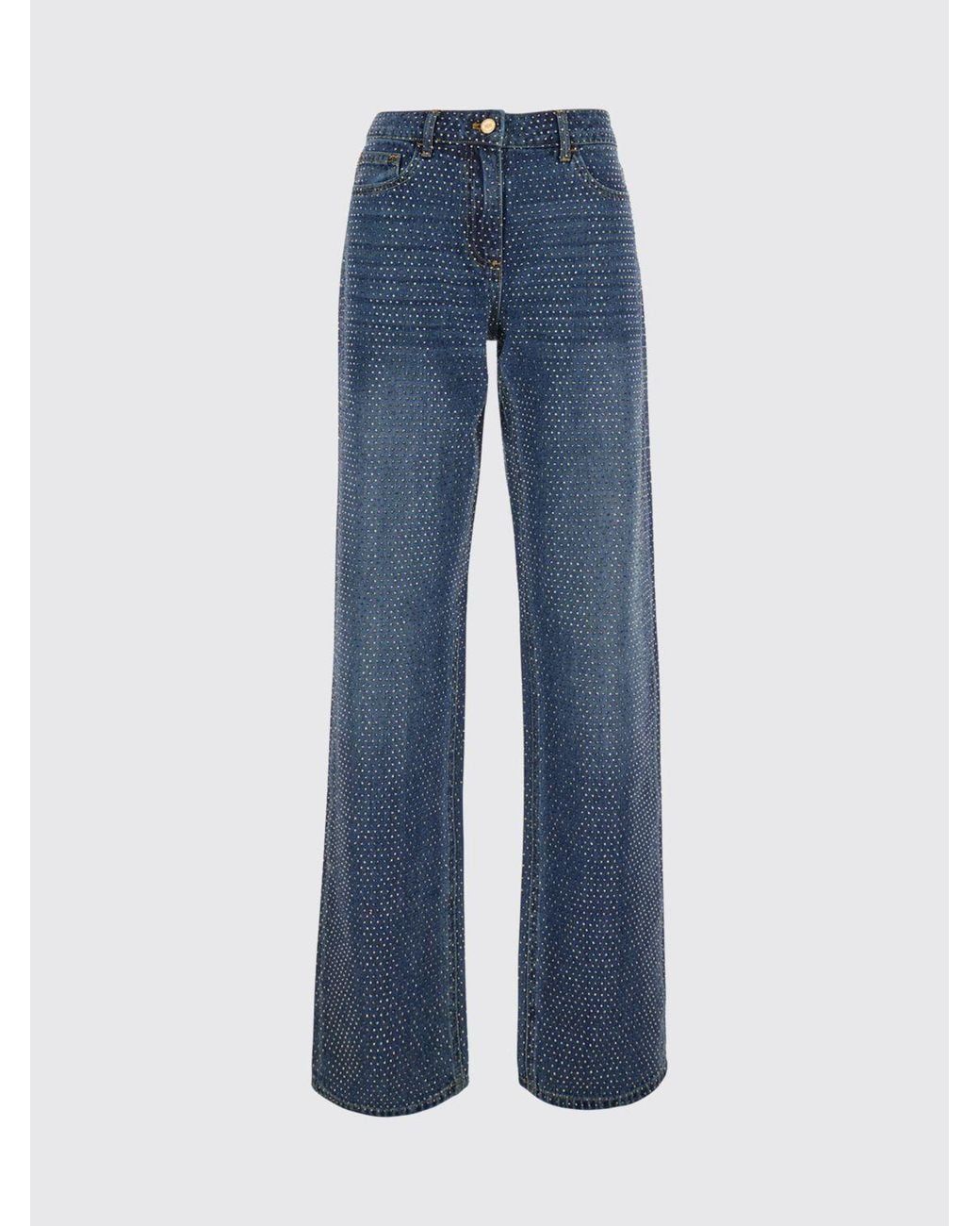 Elisabetta Franchi Blue High-Waisted Wide-Leg Denim Jeans With Rhinestones