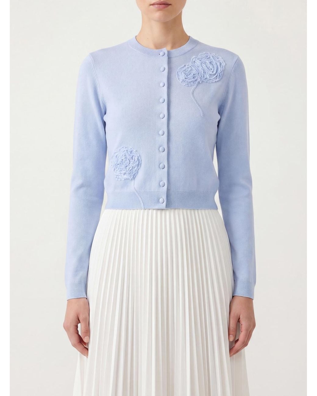 Self-Portrait Blue Slim Fit Wool Blend Cardigan With Flower Appliqué