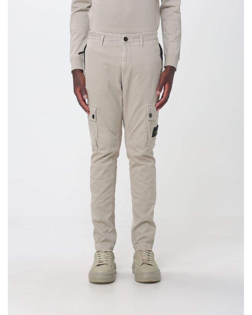 Stone Island Natural Stretch Organic Cotton Cargo Trousers With Compass Logo for men