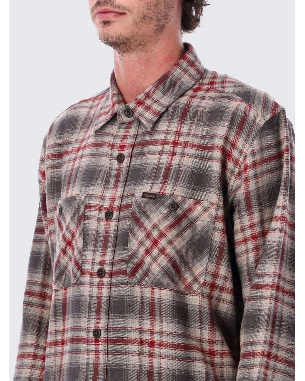 Filson Gray Long-Sleeve Check Flannel Shirt With Buttoned Patch Pockets for men