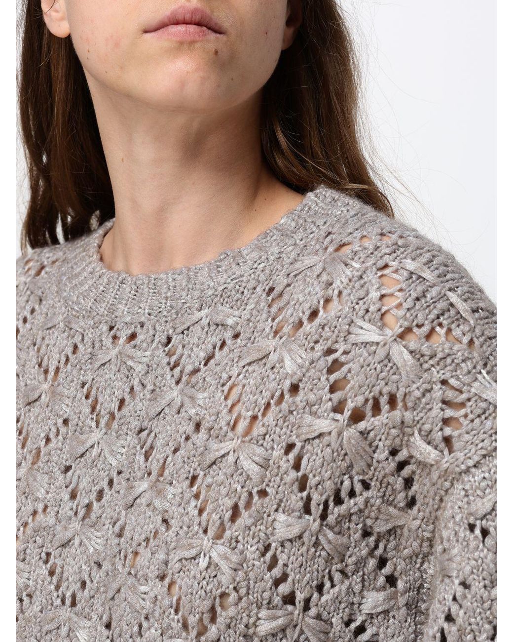 Fabiana Filippi Gray Perforated Wool Blend Crewneck Jumper With Dropped Shoulders