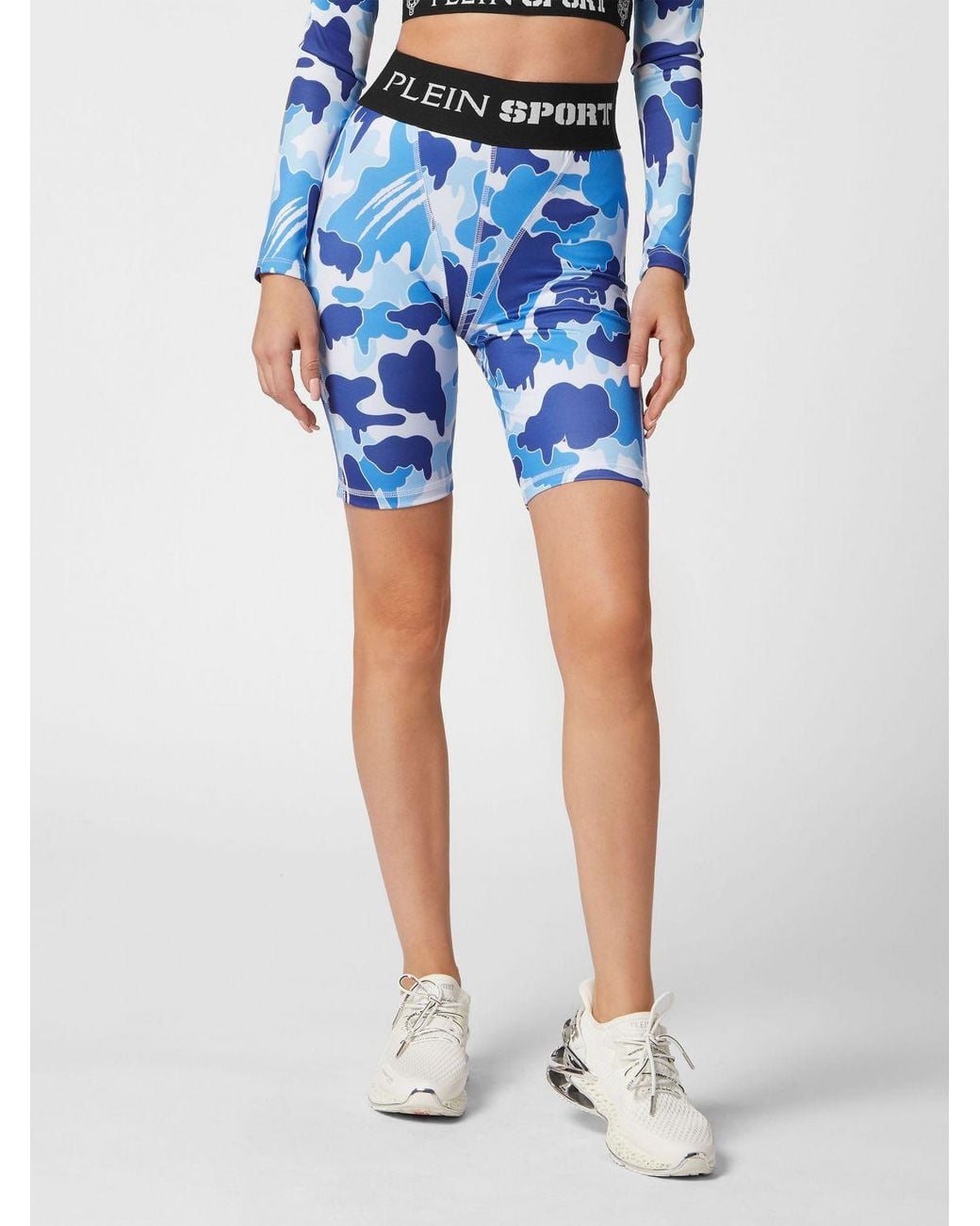 Philipp Plein Blue High-Waisted Camouflage Print Cycling Shorts