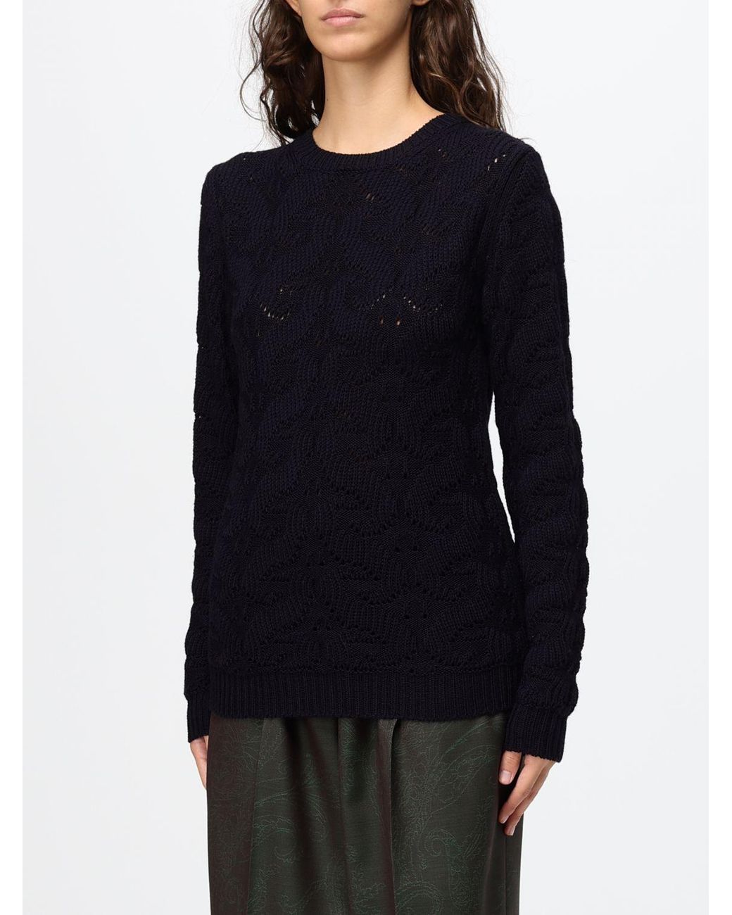 Etro Blue Crewneck Wool Blend Jumper With Ribbed Trims