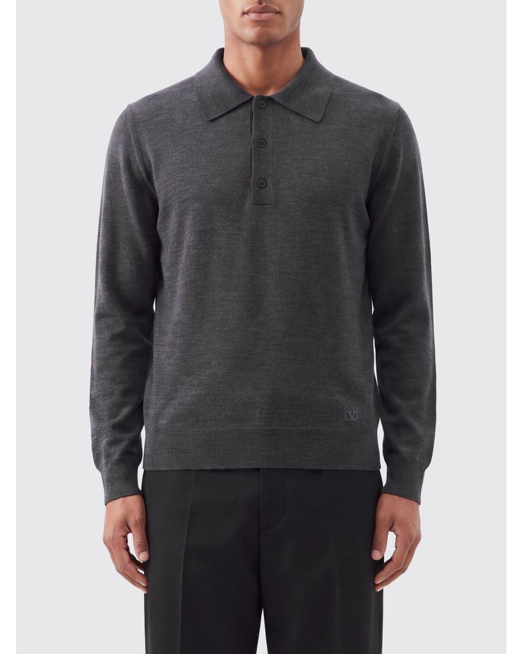 Valentino Gray Long-Sleeved Knitted Virgin Wool Polo for men