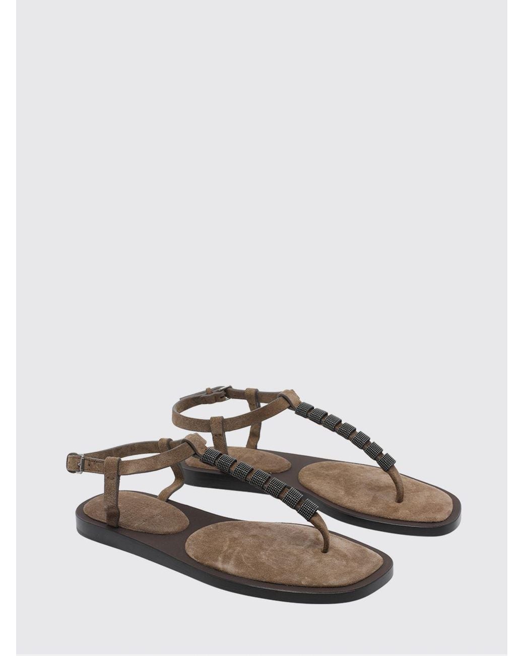 Brunello Cucinelli Brown Suede Thong Sandal With Monile