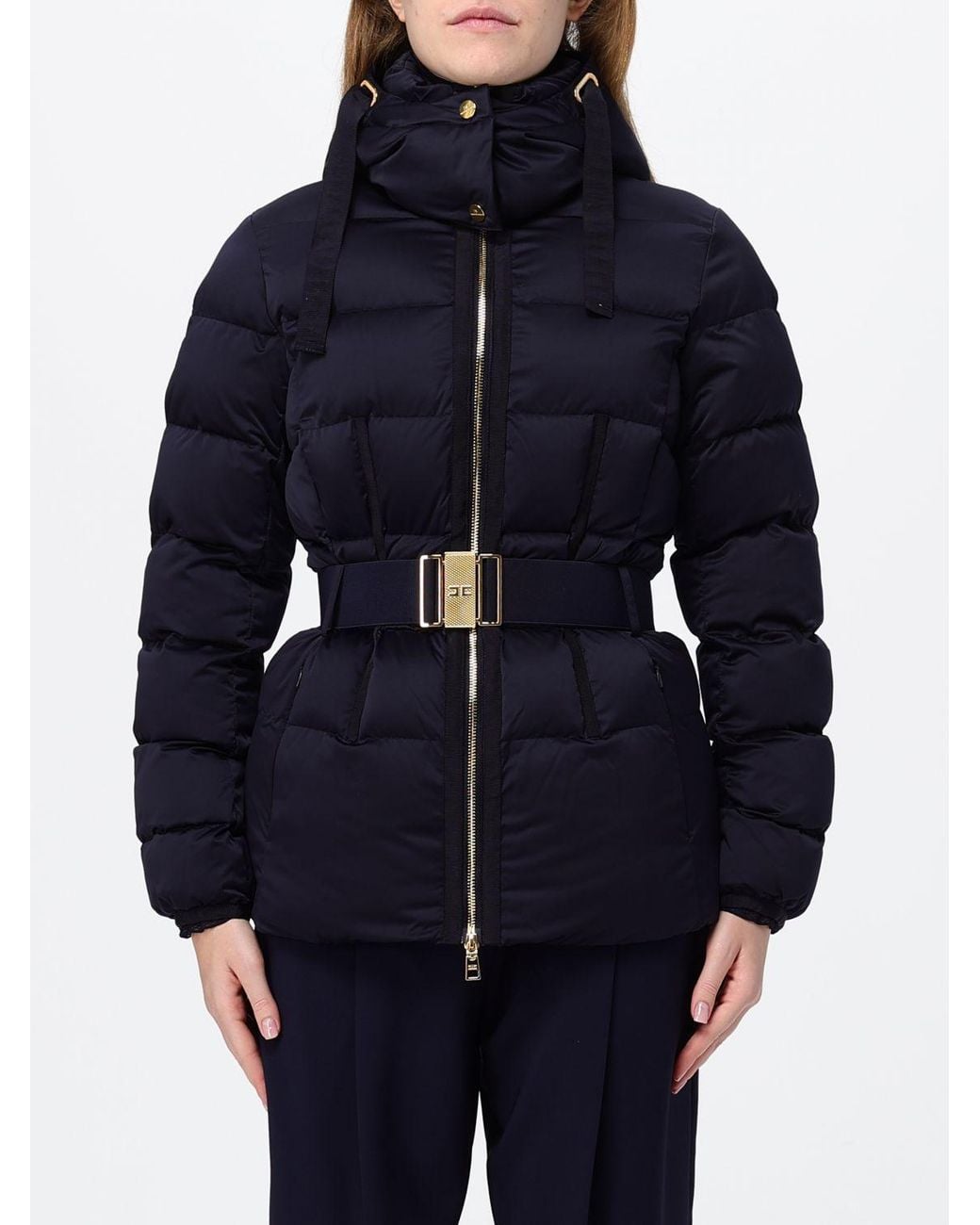 Elisabetta Franchi Blue Short Quilted Puffer Jacket With Removable Hood And Belt