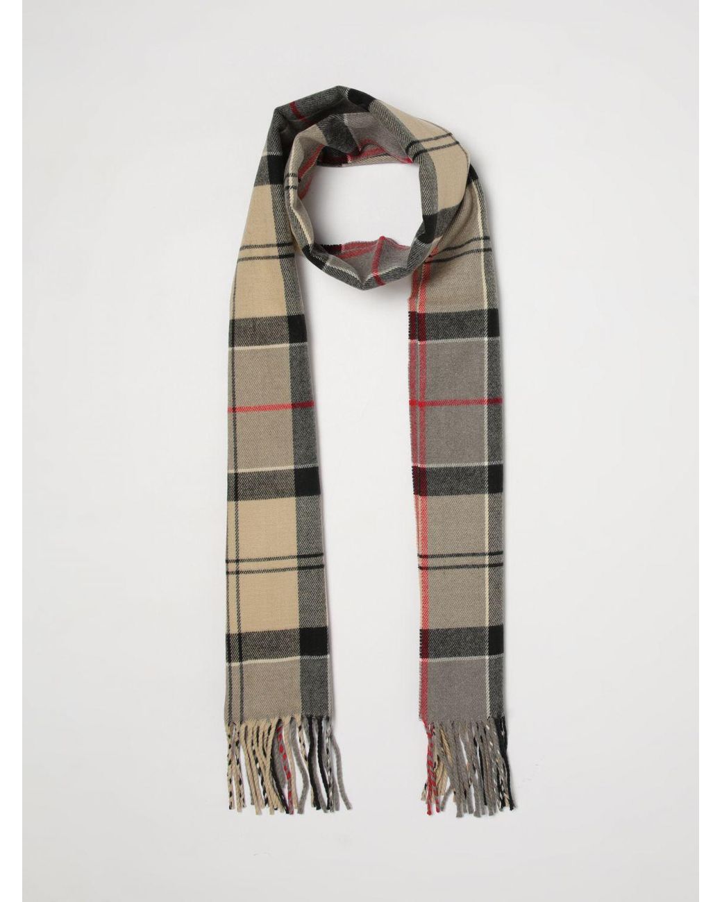 Barbour Gray Tartan Pattern Acrylic Scarf With Fringed Edges for men