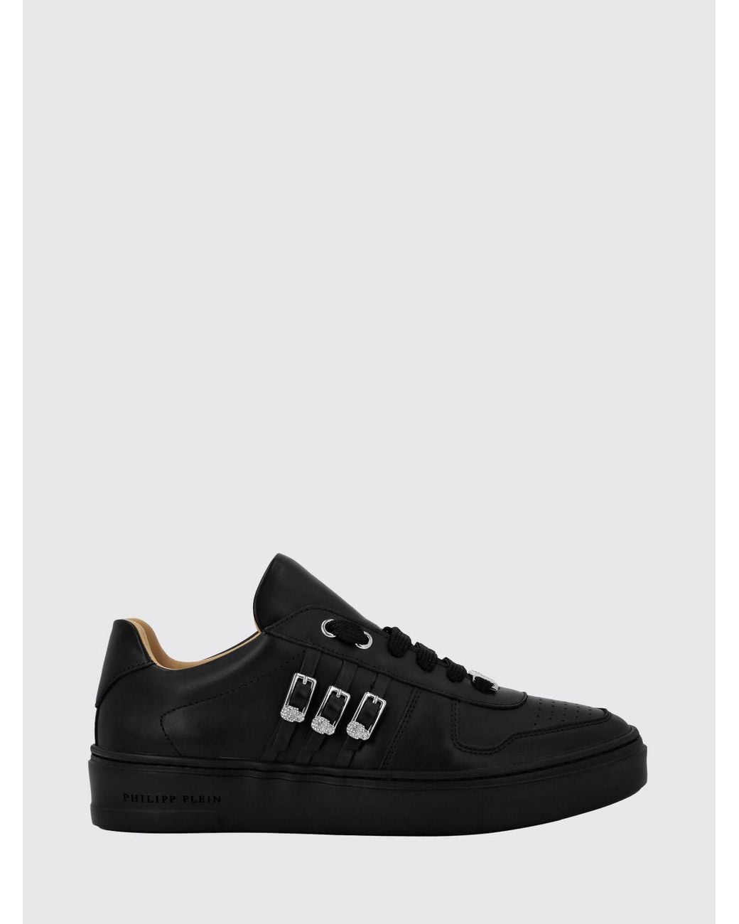 Philipp Plein Black Smooth Leather Low-Top Sneakers With Jewel Buckle And Engraved Logo