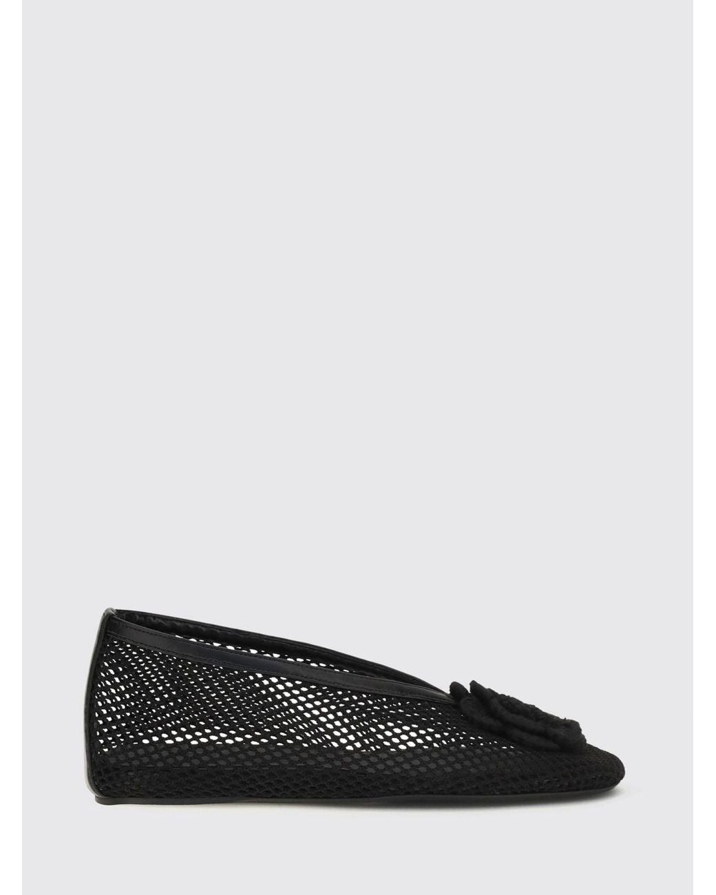 Ganni Black Jenny Perforated Technical Fabric Ballet Flats With Flower Appliqué