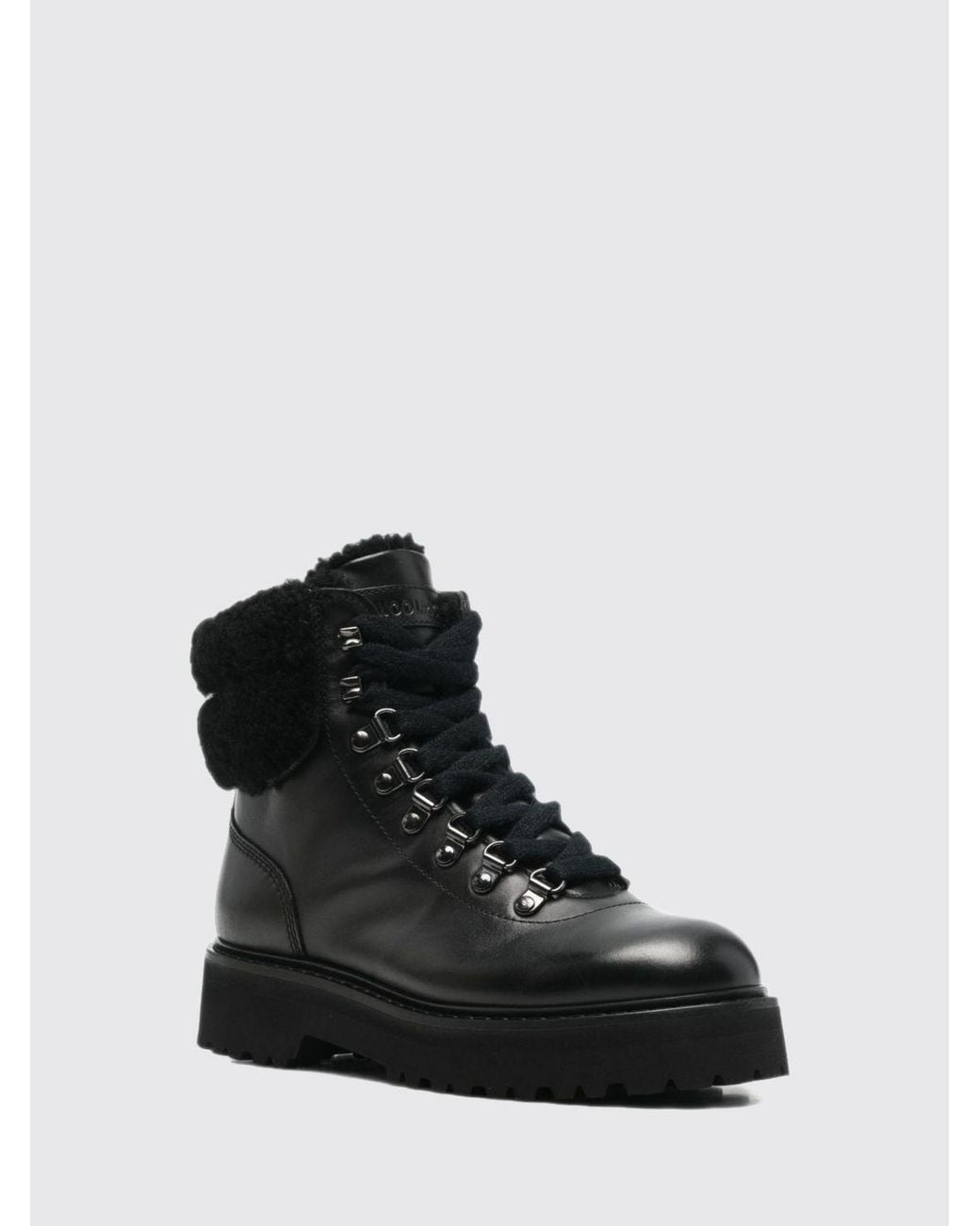 Woolrich Black Calfskin Leather Outdoor Boots With Shearling Lining