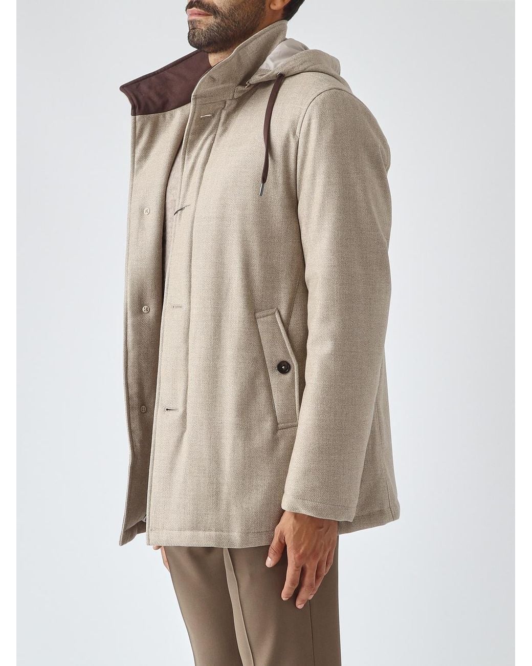 Herno Natural Single-Breasted Wool And Silk Coat With A Hood And High Neck for men