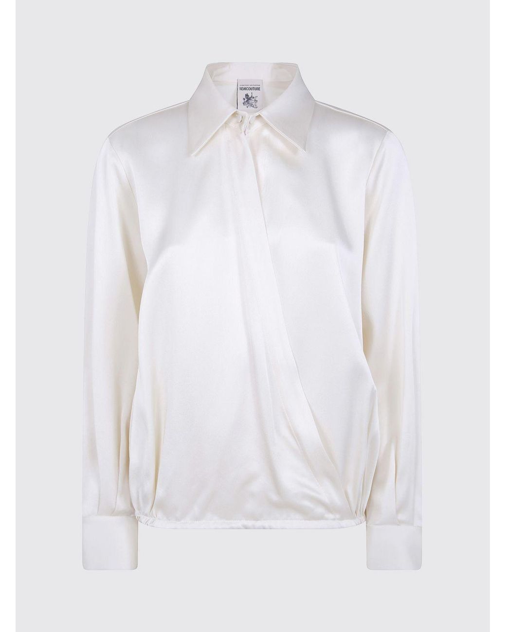 Semicouture White Satin Shirt With Classic Collar, Off-Center Fastening, And Elasticated Hem