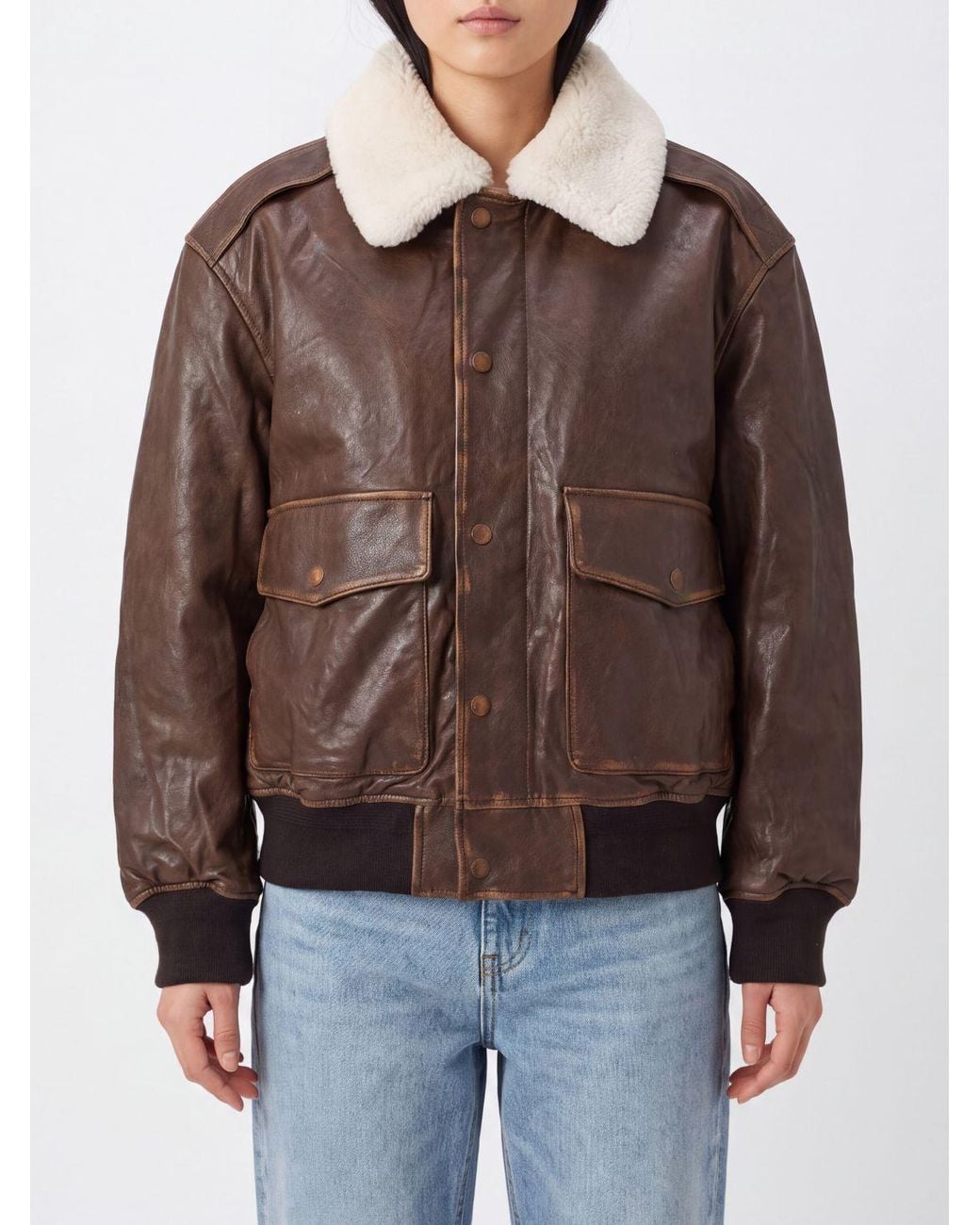 DUNST Brown Lambskin Leather Bomber Jacket With Fur Collar And Elasticated Cuffs