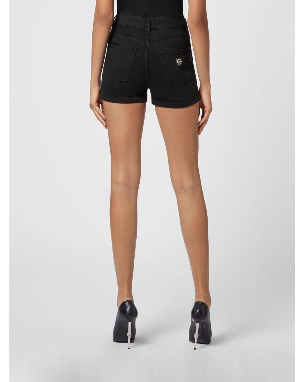Philipp Plein Black High-Waisted Slim Fit Denim Shorts With Five Pockets